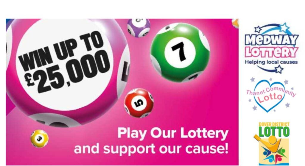 Lotto advert with lottery balls on bright pink background and including the logos for Medway, Thanet and Dover lottos
